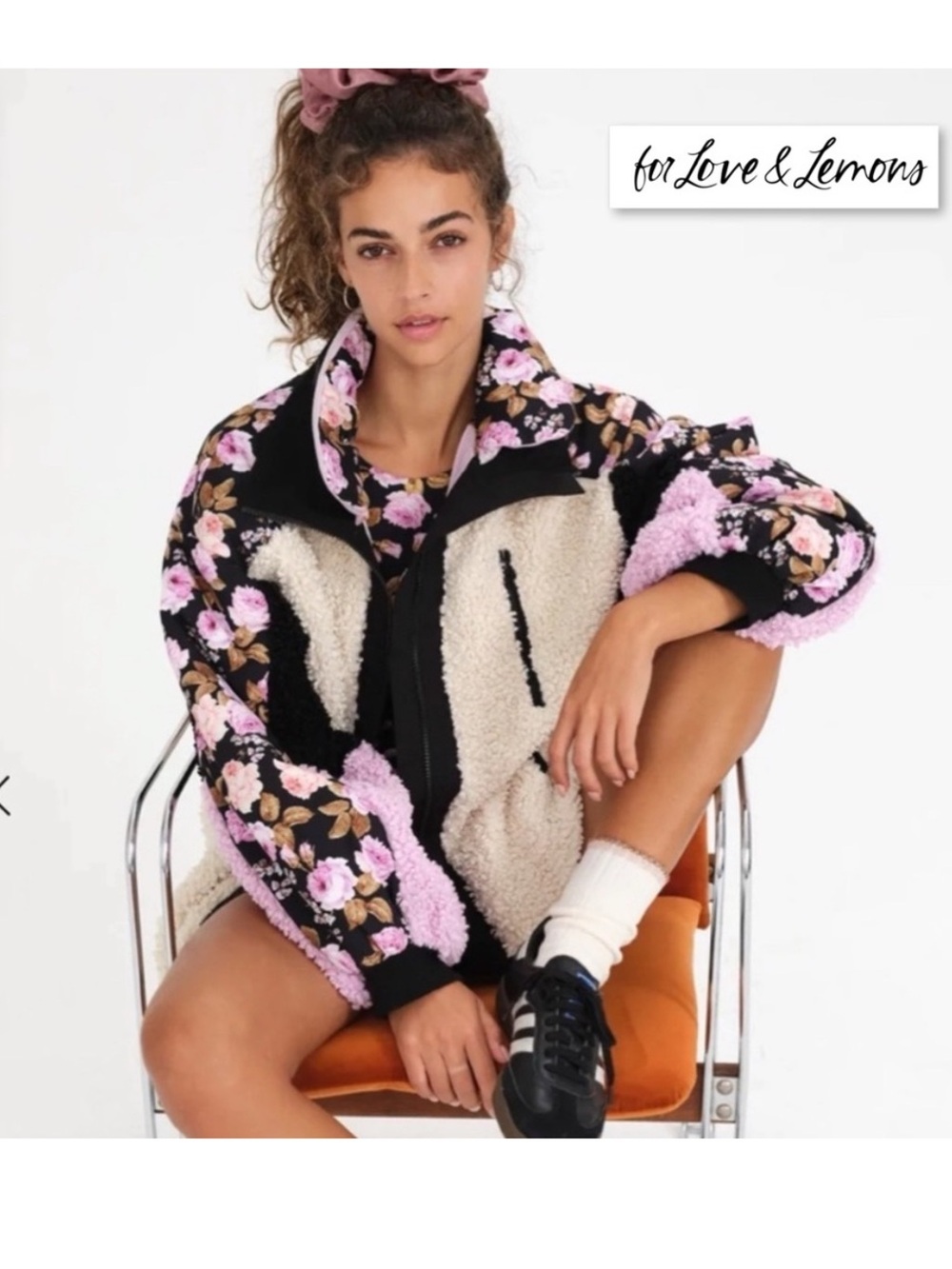 For Love & Lemons Sherpa Floral Jacket Pink Black Cream Zip Front Cozy Warm XXS